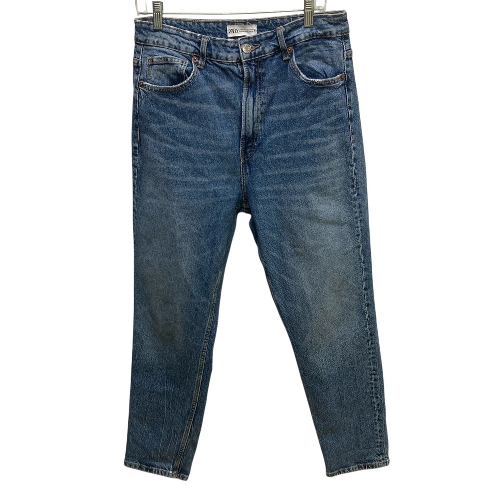 Zara Women Blue Wash Mom Jeans‎ Size 10 EUR 42 High Rise Denim disstressed